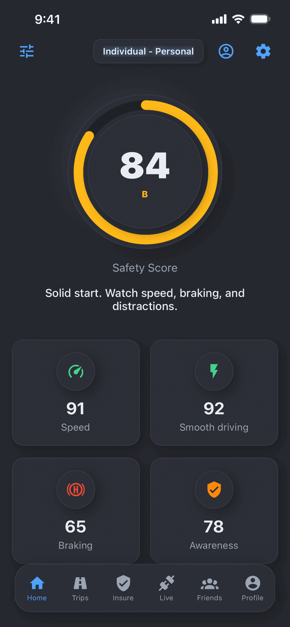 Wayborne home screen showing a safety score of 84 with sub-scores for speed, smooth driving, braking, and awareness