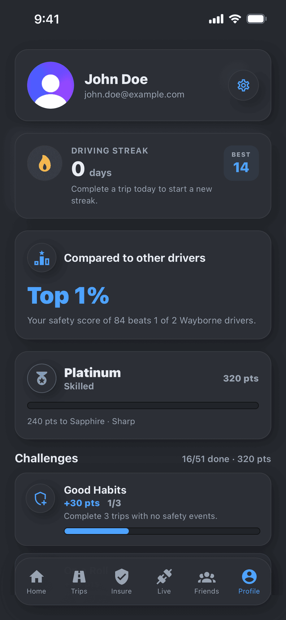 Wayborne profile screen showing a driving streak, driver percentile, Platinum tier, and challenges