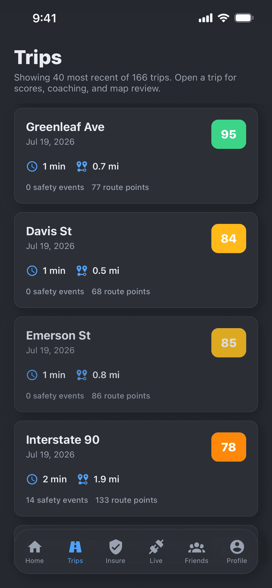 Wayborne trips list showing recent drives with per-trip safety scores